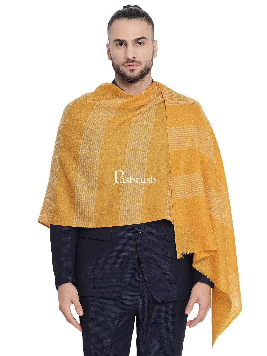 Pashtush India 70x200 Pashtush Mens Fine Wool Striped Muffler, Soft and Warm Stole Scarf, yellow