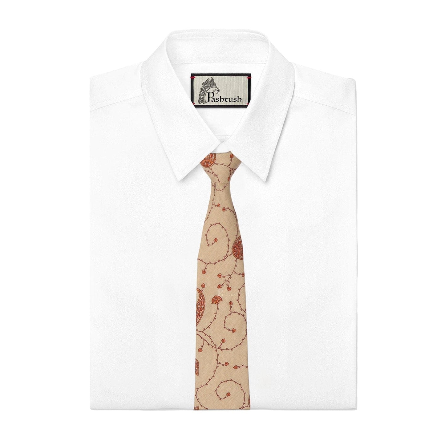 Pashtush India Mens Neckties Ties for Men Pashtush mens Fine Wool tie, Embroidered design, Beige