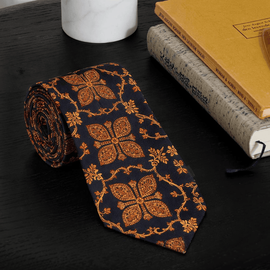 Pashtush India Mens Neckties Ties for Men Pashtush mens Fine Wool tie, Embroidered design, Navy Blue