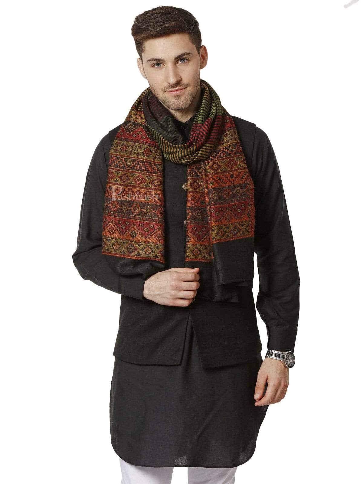 Pashtush India 70x200 Pashtush Mens Fine Wool Traditional Kullu Weave Stole