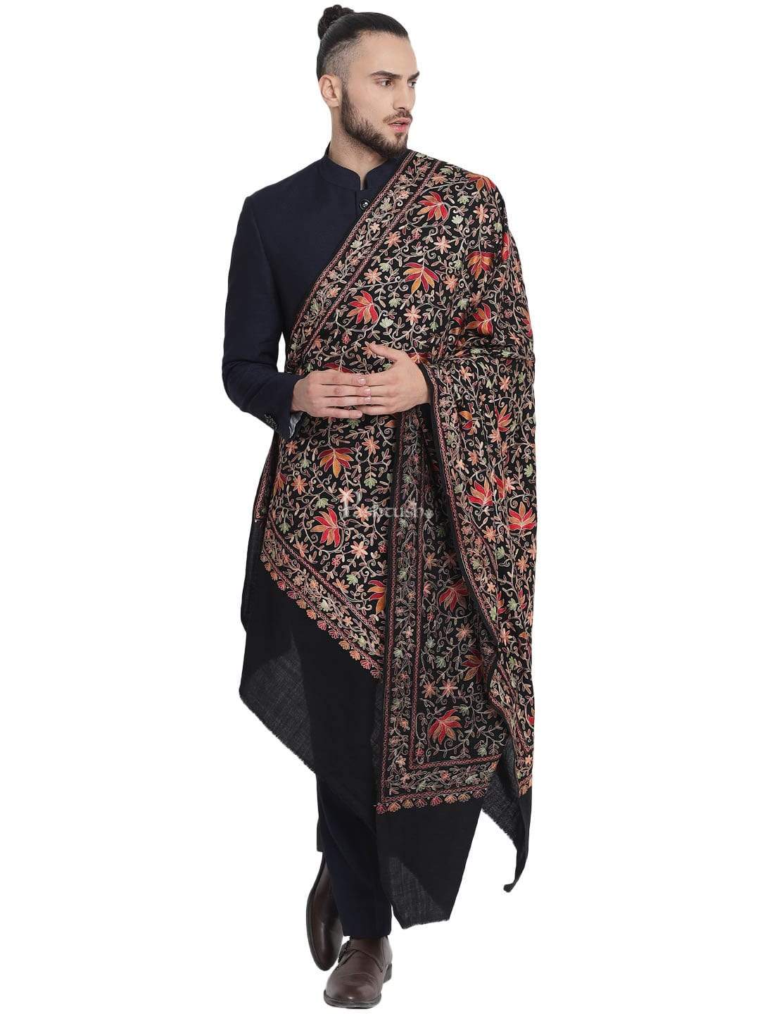 Pashtush India 100x200 Pashtush Mens hand embroidered Heavy Nalki Jaal Stole in Pure Wool (certified) Stole