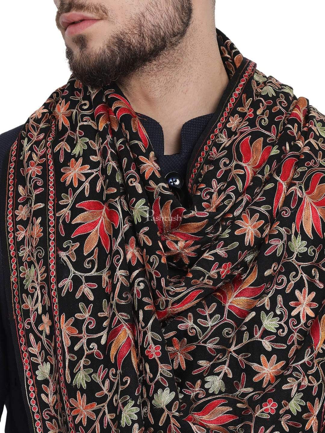 Pashtush India 100x200 Pashtush Mens hand embroidered Heavy Nalki Jaal Stole in Pure Wool (certified) Stole