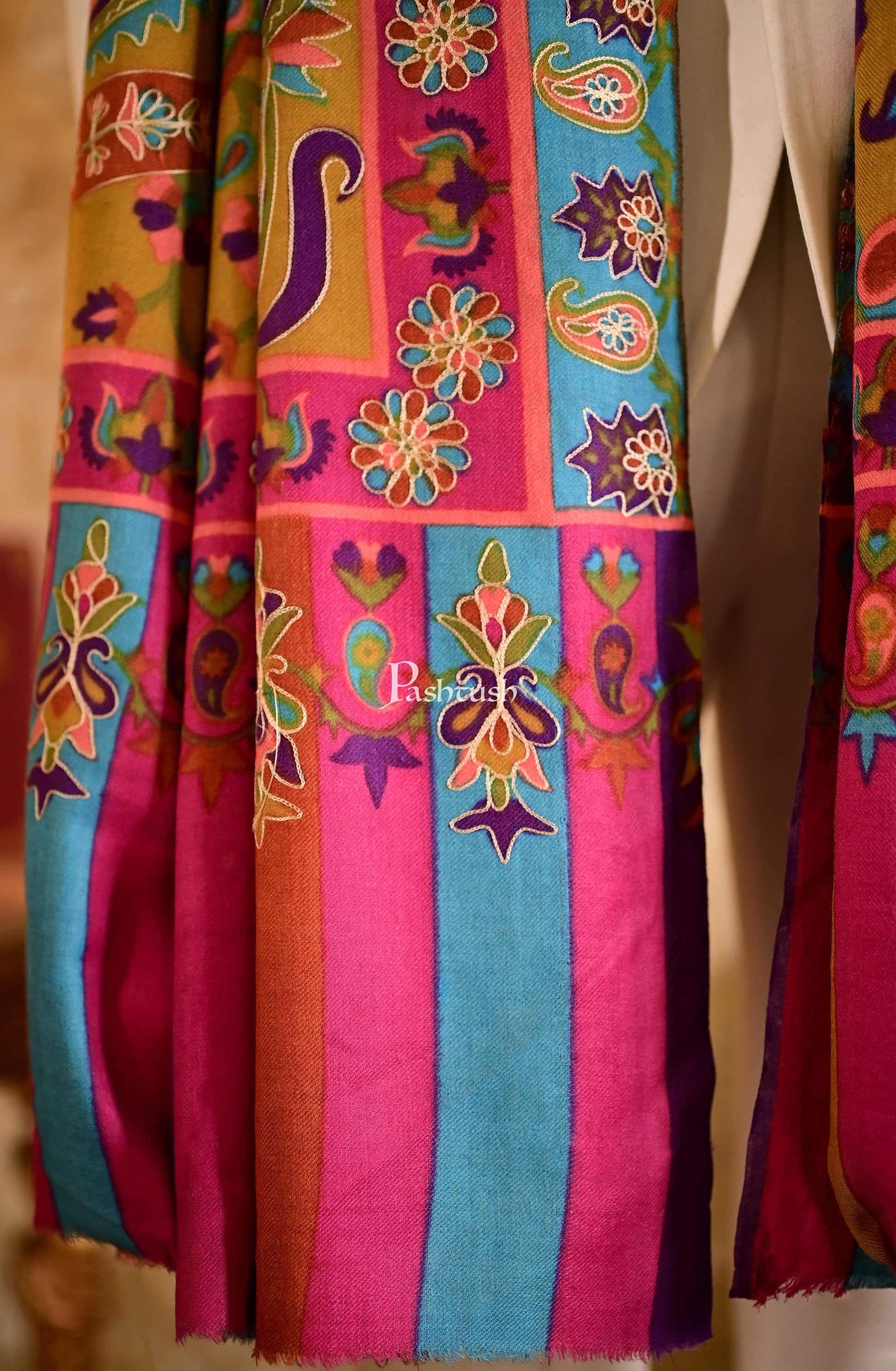 Pashtush India 114x228 Pashtush Mens Hand Embroidered Kalamkari Shawl, Soft and Warm, Light Weight Fine Wool