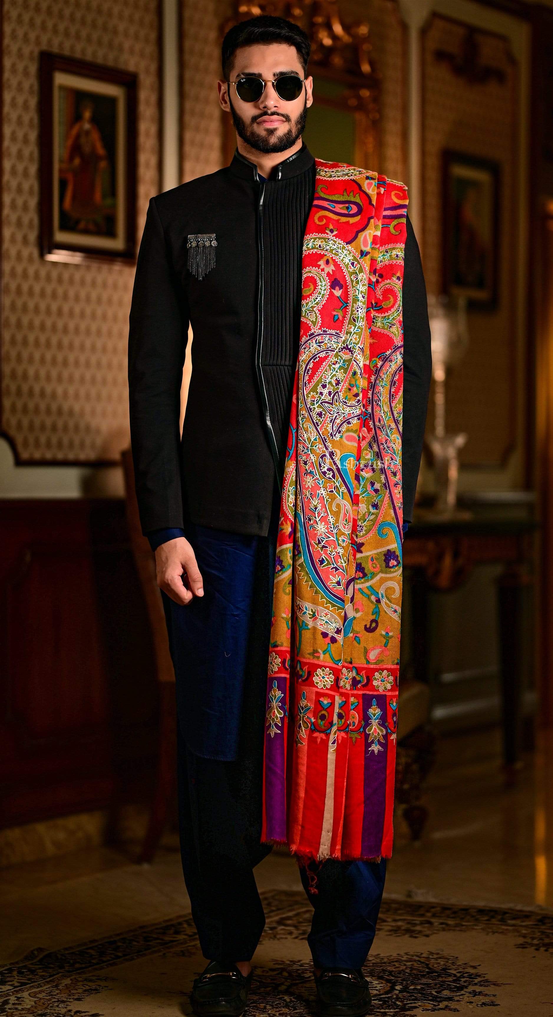 Pashtush India 114x228 Pashtush Mens Hand Embroidered Kalamkari Shawl, Soft and Warm, Light Weight Fine Wool