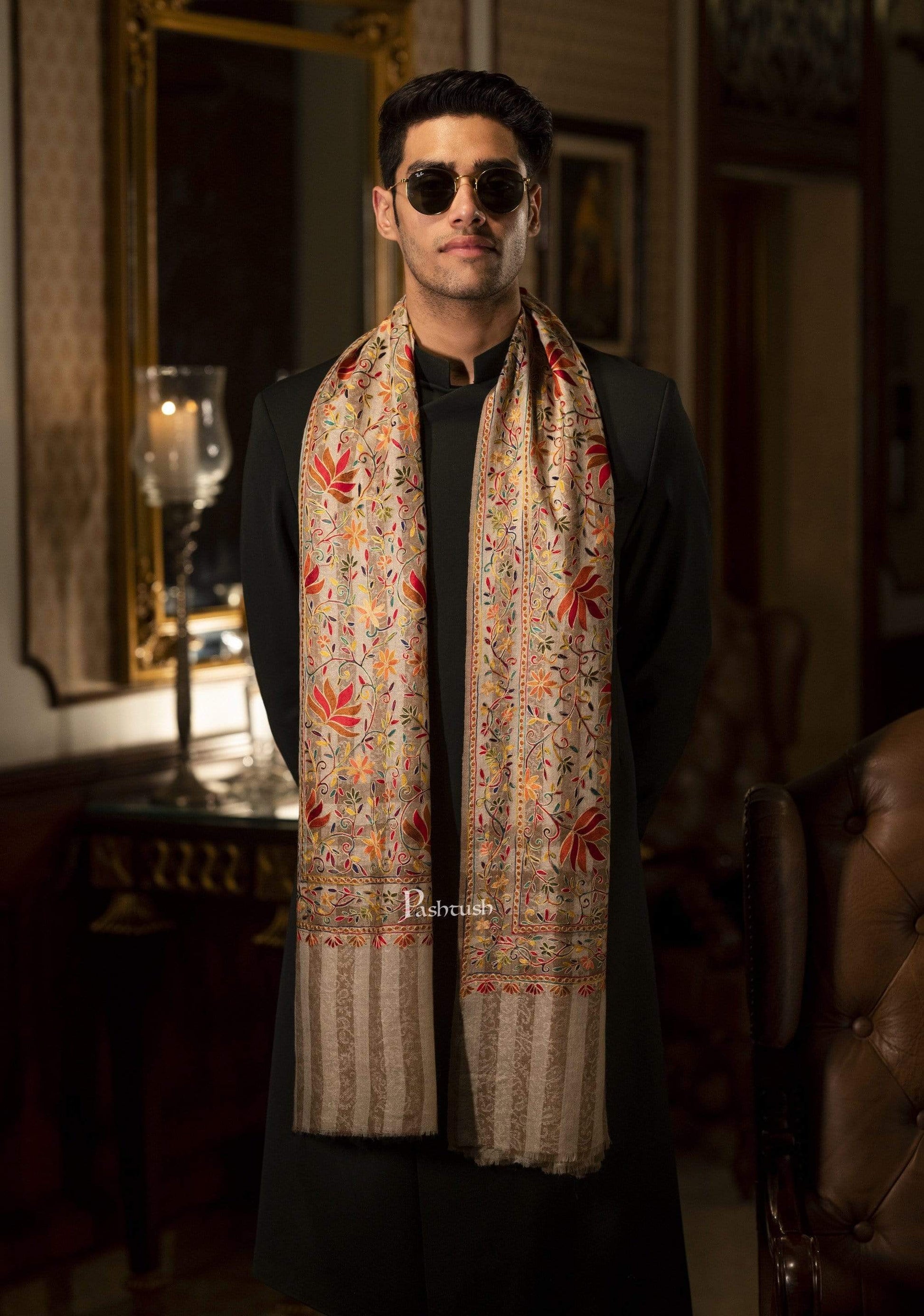 Pashtush India 70x200 Pashtush Mens Hand Embroidery Nalki Stole, Multicoloured