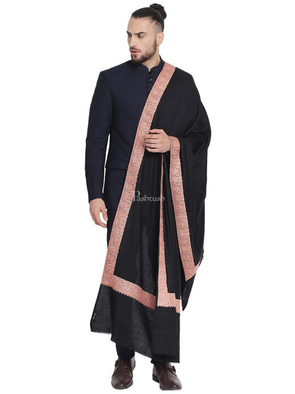 Pashtush India 100x200 Pashtush Mens Hand Embroidery Shawl, 100% Pure Wool Stole, Black