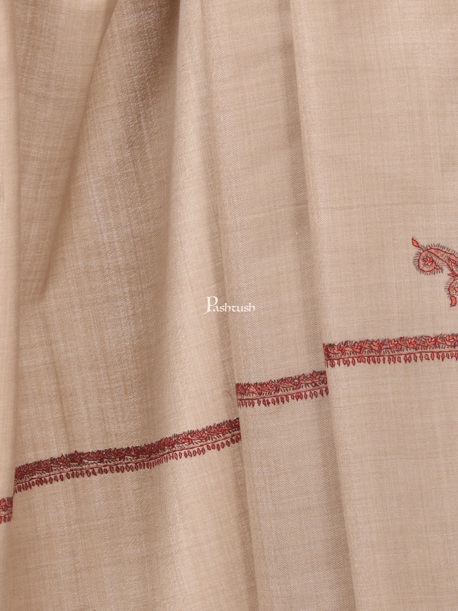 Pashtush India Mens Shawls Gents Shawl Pashtush Mens Hand Embroidery Shawl, Woollen Shawl With Kingri Design Embroidery Full Size (Beige)