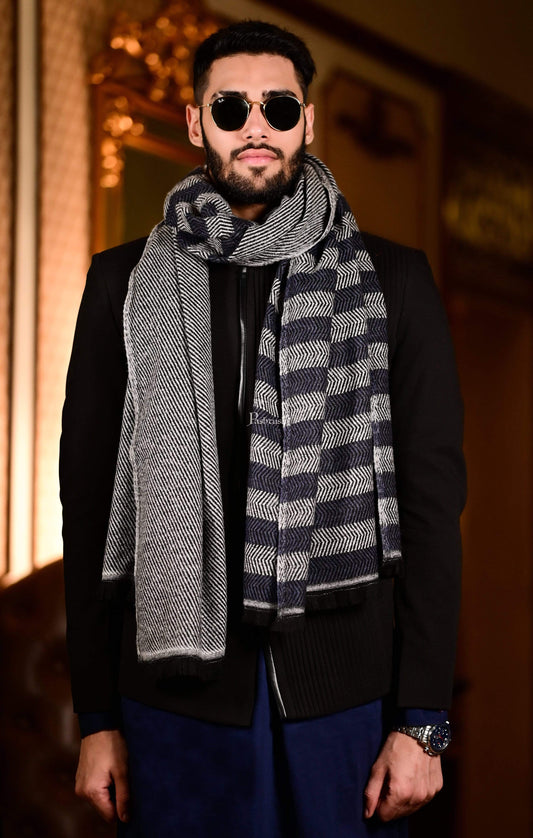 Pashtush India 70x200 Pashtush Mens Herringbone Pattern Weave Warm Woollen Scarf, Grey