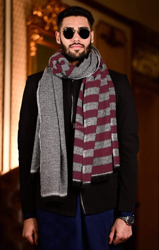 Pashtush India 70x200 Pashtush Mens Herringbone Pattern Weave Warm Woollen Scarf, Grey
