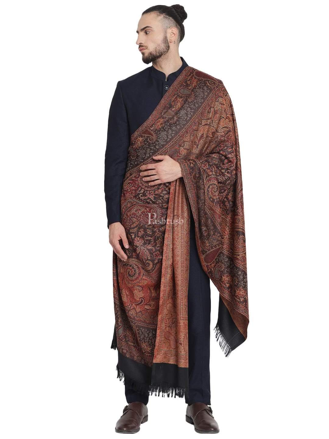 Pashtush India 100x200 Pashtush Mens Jamawar Shawl, Faux Pashmina, Black