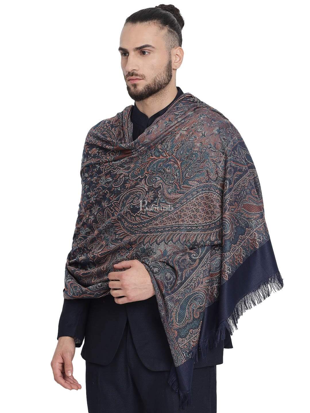 Pashtush India 100x200 Pashtush Mens Jamawar Shawl, Navy blue