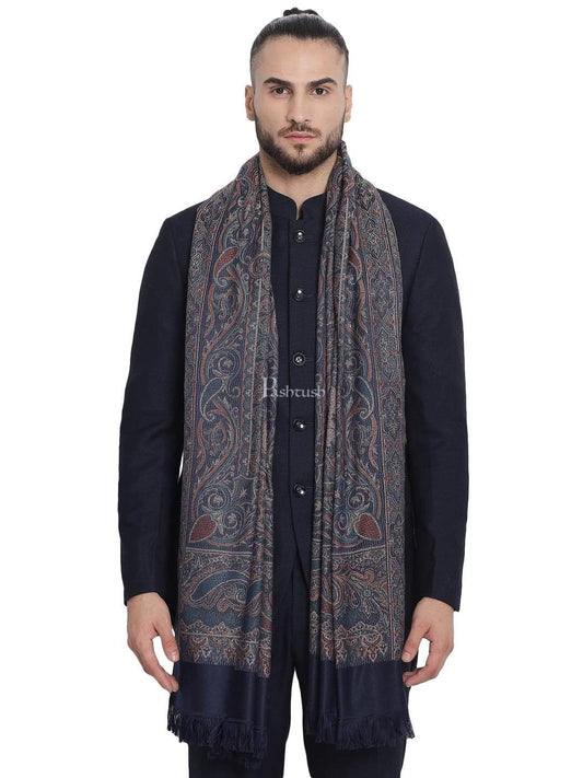 Pashtush India 100x200 Pashtush Mens Jamawar Shawl, Navy blue