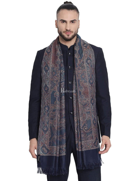 Pashtush India 100x200 Pashtush Mens Jamawar Stole, Navy blue