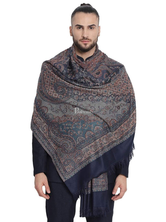 Pashtush India 100x200 Pashtush Mens Jamawar Stole, Navy blue