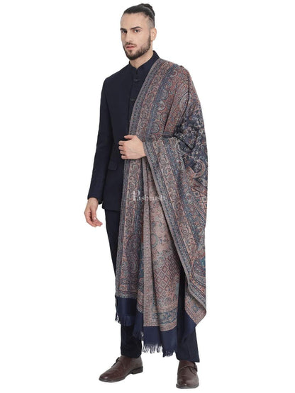 Pashtush India 100x200 Pashtush Mens Jamawar Stole, Navy blue