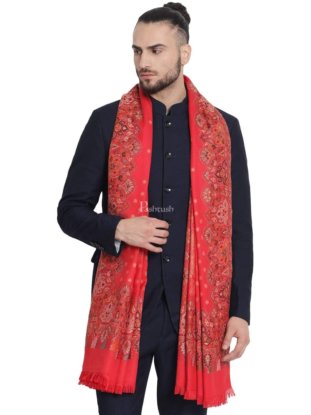 Pashtush India 100x200 Pashtush Mens Jamawar Stole, Soft Faux Pashmina Red