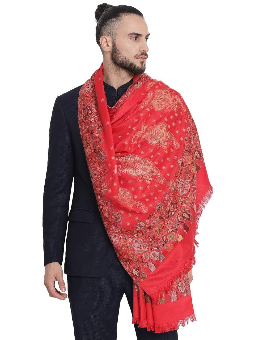Pashtush India 100x200 Pashtush Mens Jamawar Stole, Soft Faux Pashmina Red