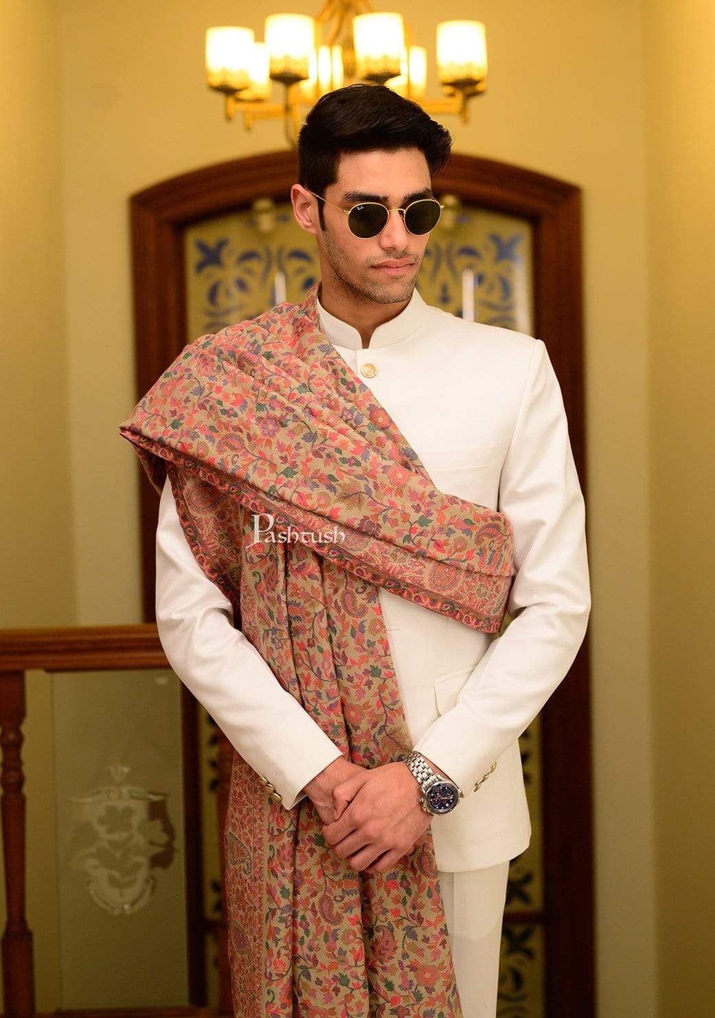 Pashtush Store Shawl Pashtush Mens Kaani Shawl, Mens Lohi, Fine Wool, Full Size - Beige