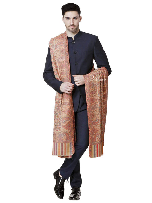Pashtush India 127x254 Pashtush Mens Kaani Shawl, Mens Lohi, Full Size, Fine Wool, Beige