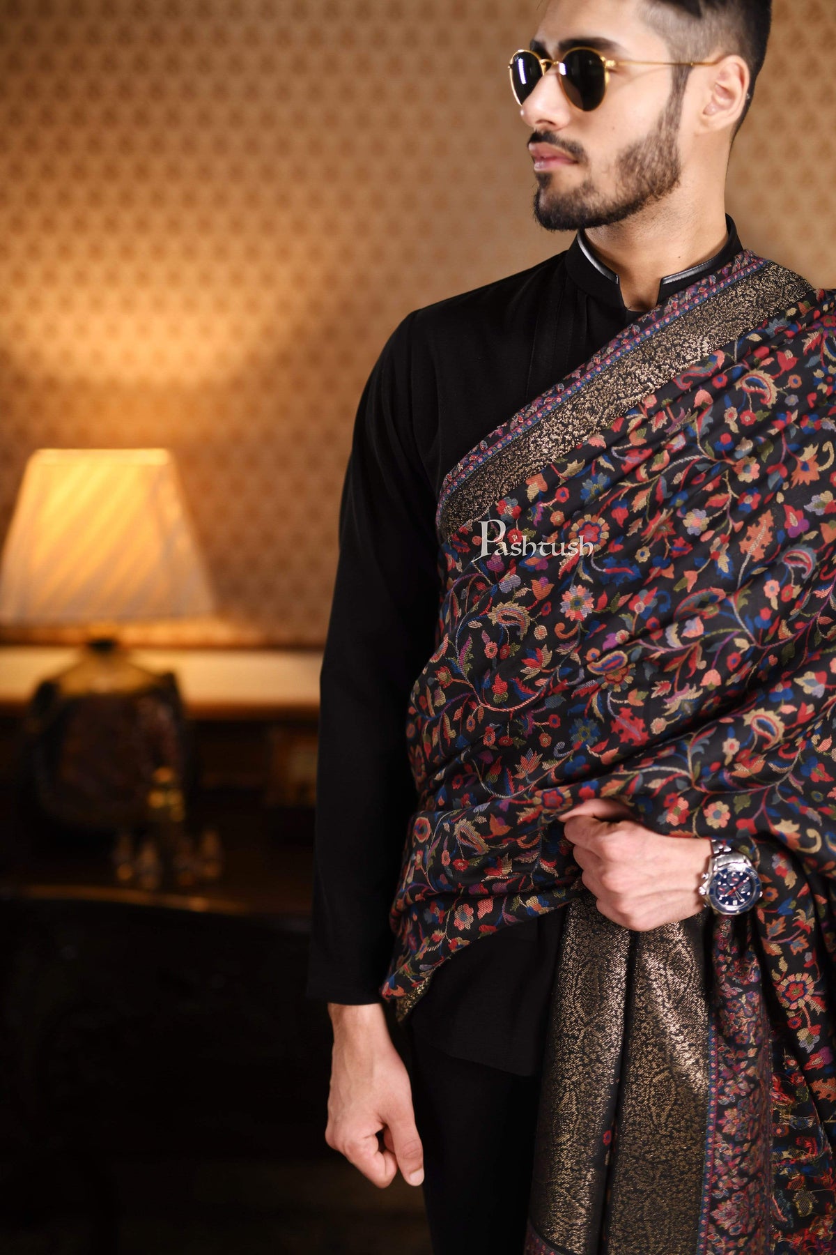 Pashtush India 127x254 Pashtush Mens Kaani Shawl, Mens Lohi , Full Size, Fine Wool, With Metallic Weave Border