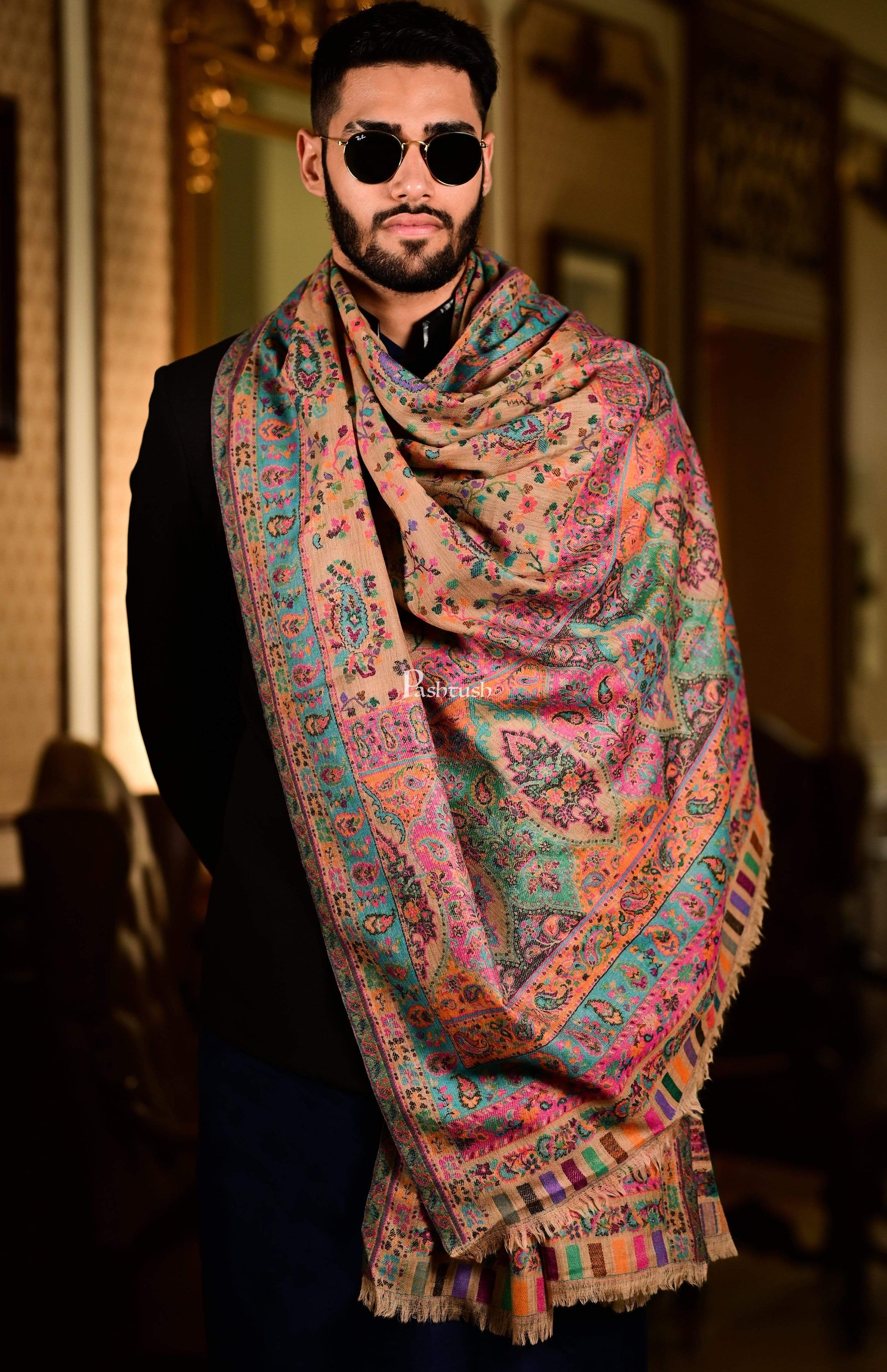 Pashtush India 100x200 Pashtush Mens Kaani Shawl, Pastel Coloured Weave, Pure Wool, Woolmark Certificate