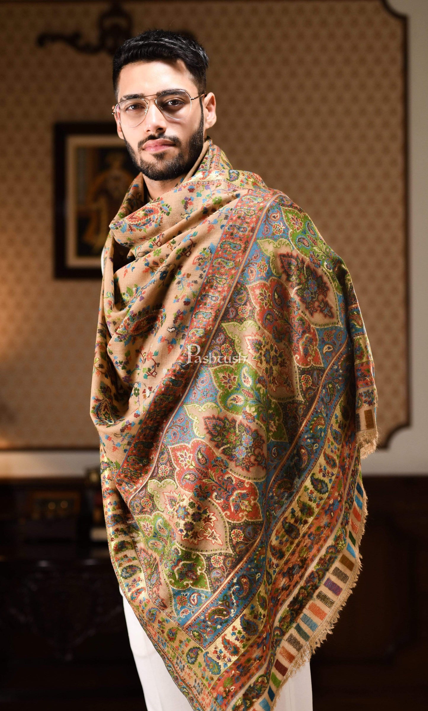 Pashtush India 100x200 Pashtush Mens Kaani Shawl, Pure Wool, Woolmark Certificate, Beige with Zari Weave