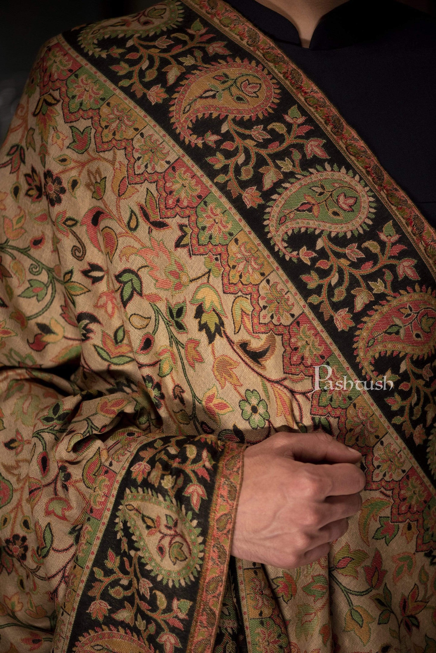 Pashtush India 100x200 Pashtush Mens Kaani Stole, Faux Pashmina, Soft and Warm, Beige and Black