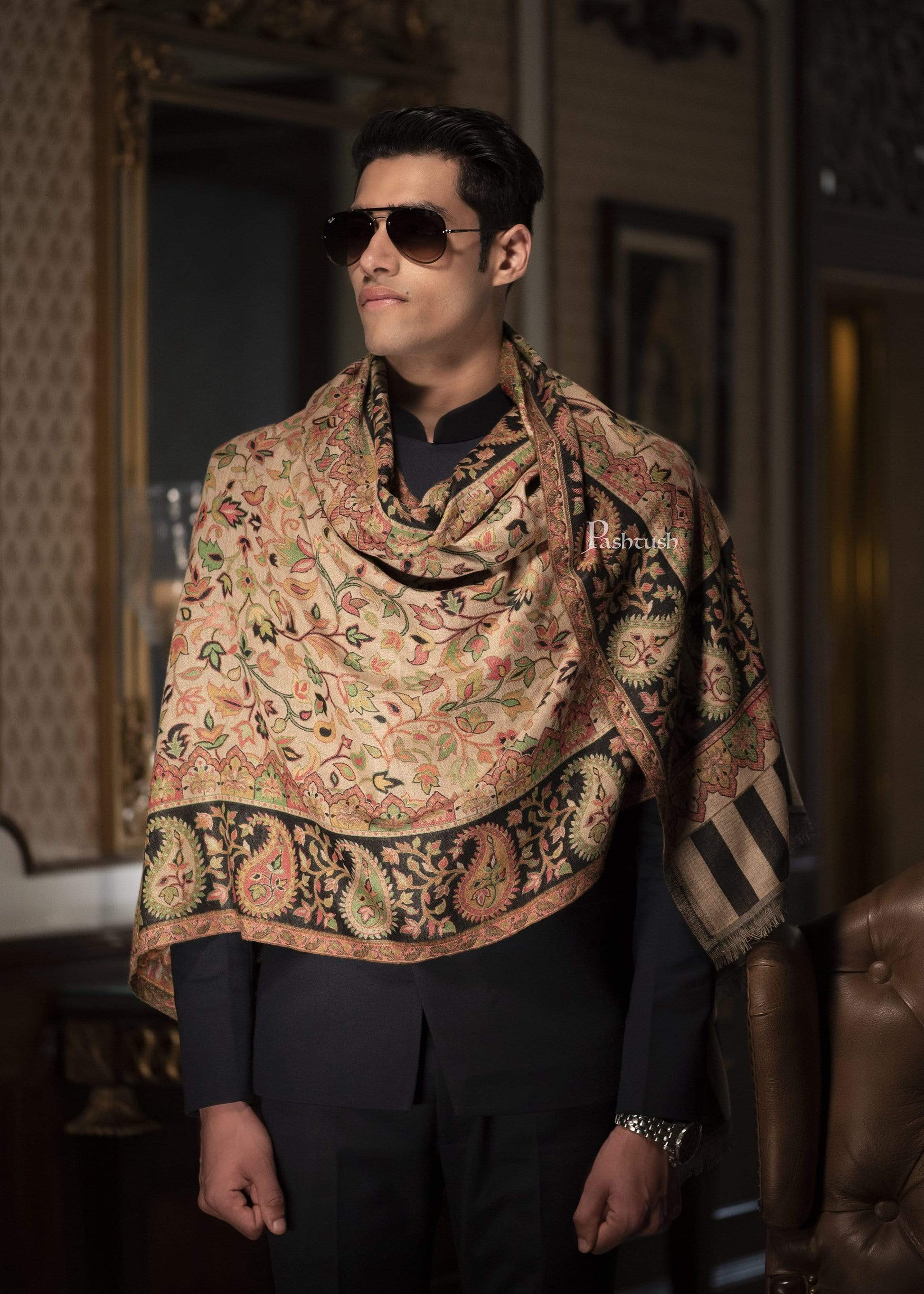 Pashtush India 100x200 Pashtush Mens Kaani Stole, Faux Pashmina, Soft and Warm, Beige and Black