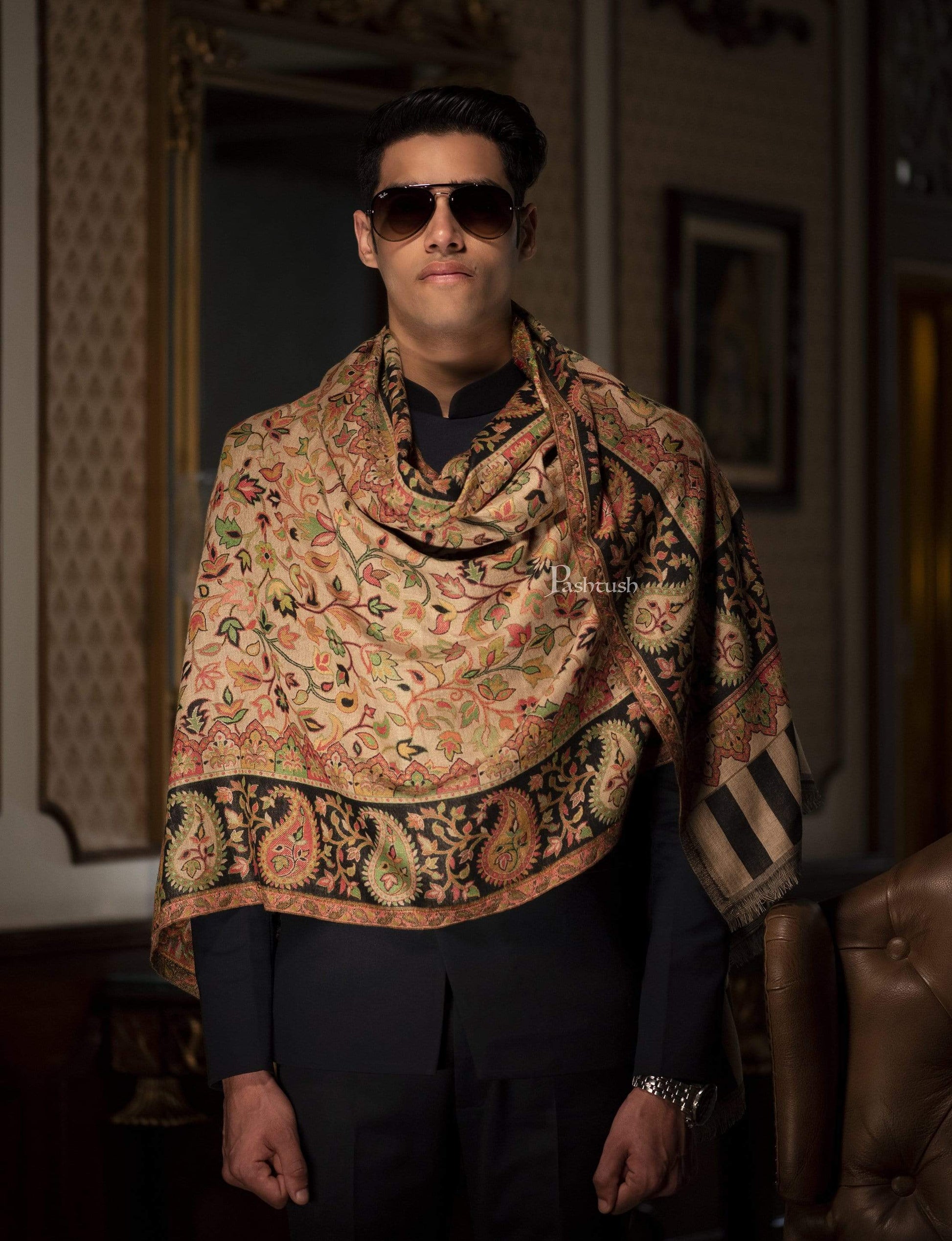 Pashtush India 100x200 Pashtush Mens Kaani Stole, Faux Pashmina, Soft and Warm, Beige and Black