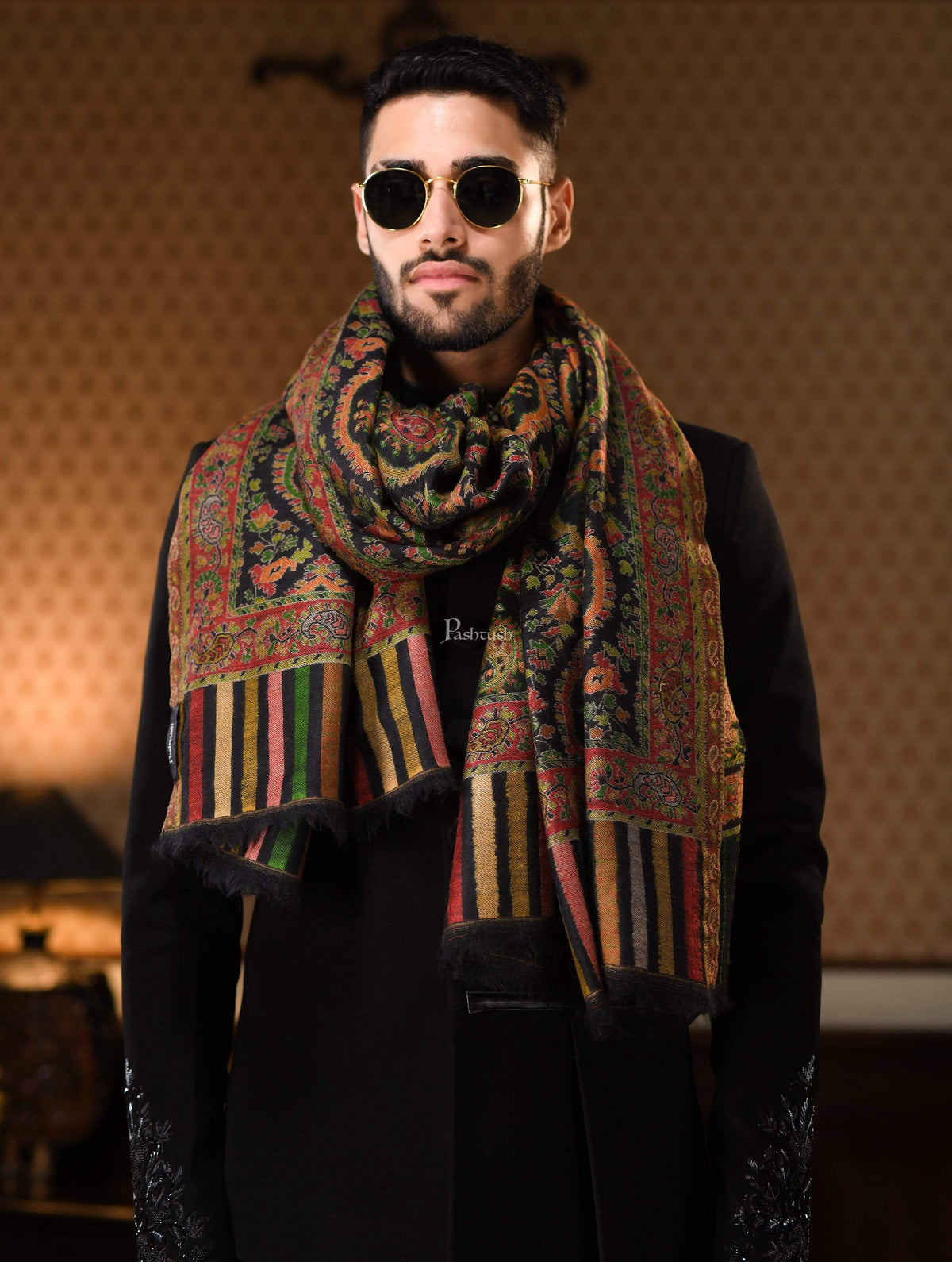 Pashtush India 100x200 Pashtush Mens Kaani Weave Shawl, Pure Wool with Woolmark Certificate, Black