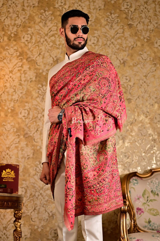 Pashtush India 100x200 Pashtush Mens Kaani Weave Shawl, Rich Garden, Pink and Beige