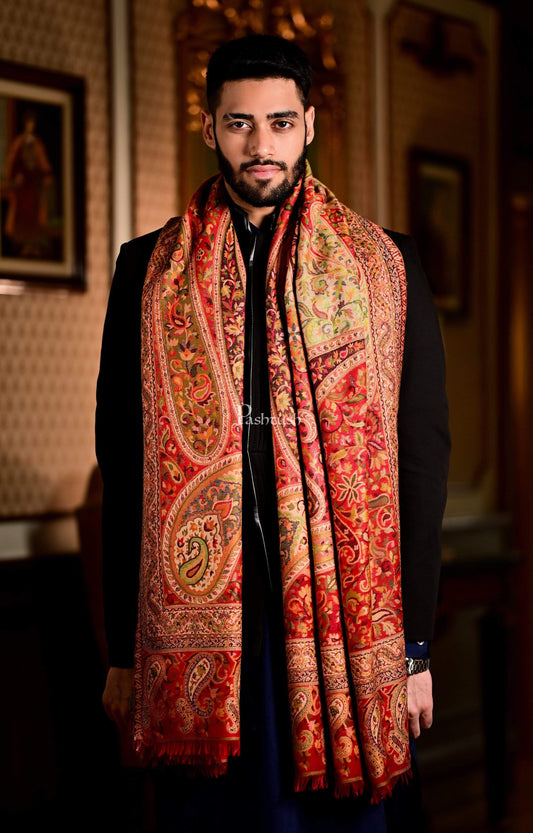 Pashtush India 100x200 Pashtush Mens Kaani Weave Shawl, Rich Garden, Red And Beige