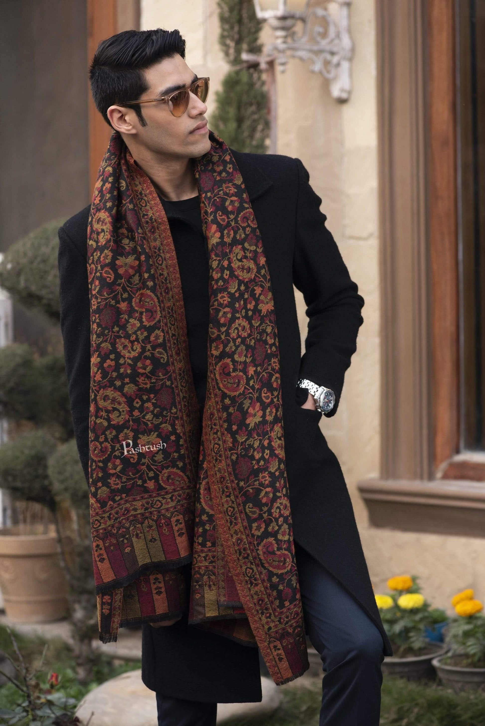 Pashtush India 70x200 Pashtush Mens Kaani Weave Stole, Fine Wool, Black