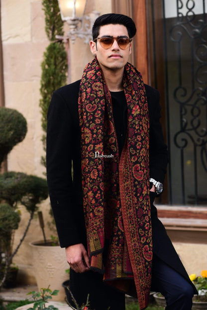 Pashtush India 70x200 Pashtush Mens Kaani Weave Stole, Fine Wool, Black