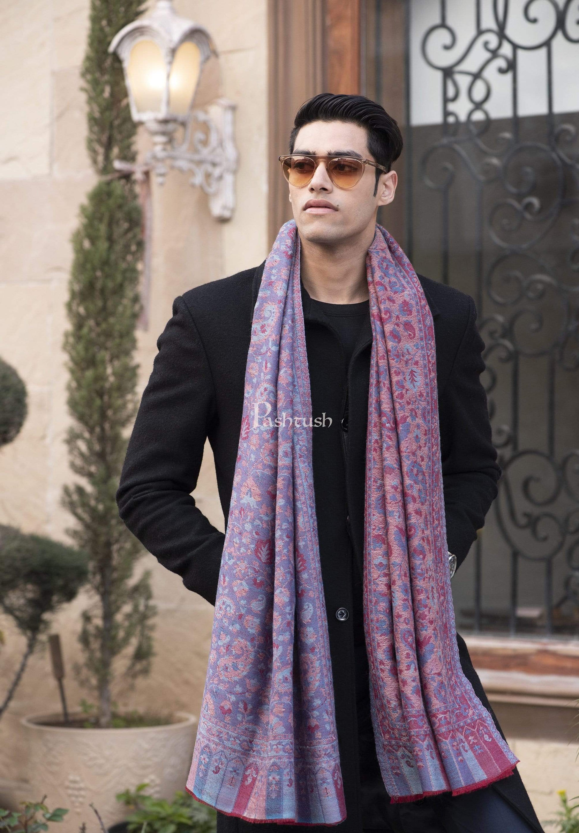 Pashtush India 70x200 Pashtush Mens Kaani Weave Stole, Fine Wool, Reversible, Azure