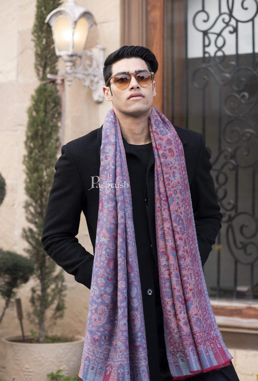 Pashtush India 70x200 Pashtush Mens Kaani Weave Stole, Fine Wool, Reversible, Azure
