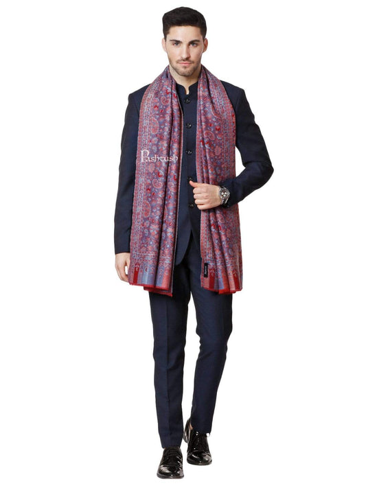 Pashtush India 70x200 Pashtush Mens Kaani Weave Stole, Fine Wool, Reversible, Azure