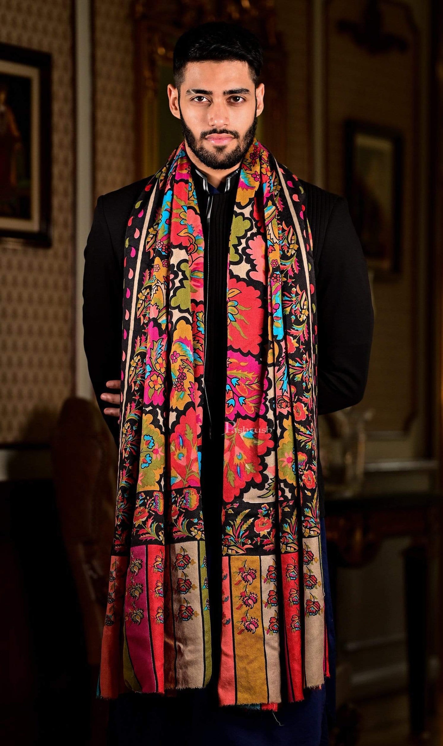 Pashtush India 70x200 Pashtush Mens Kalamkari Embroidered Hand Painted Stole, Medium, thick and warm