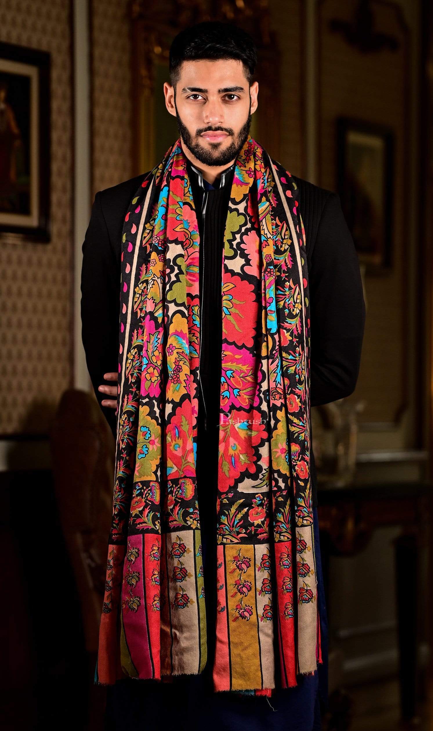 Pashtush India 70x200 Pashtush Mens Kalamkari Embroidered Hand Painted Stole, Medium, thick and warm
