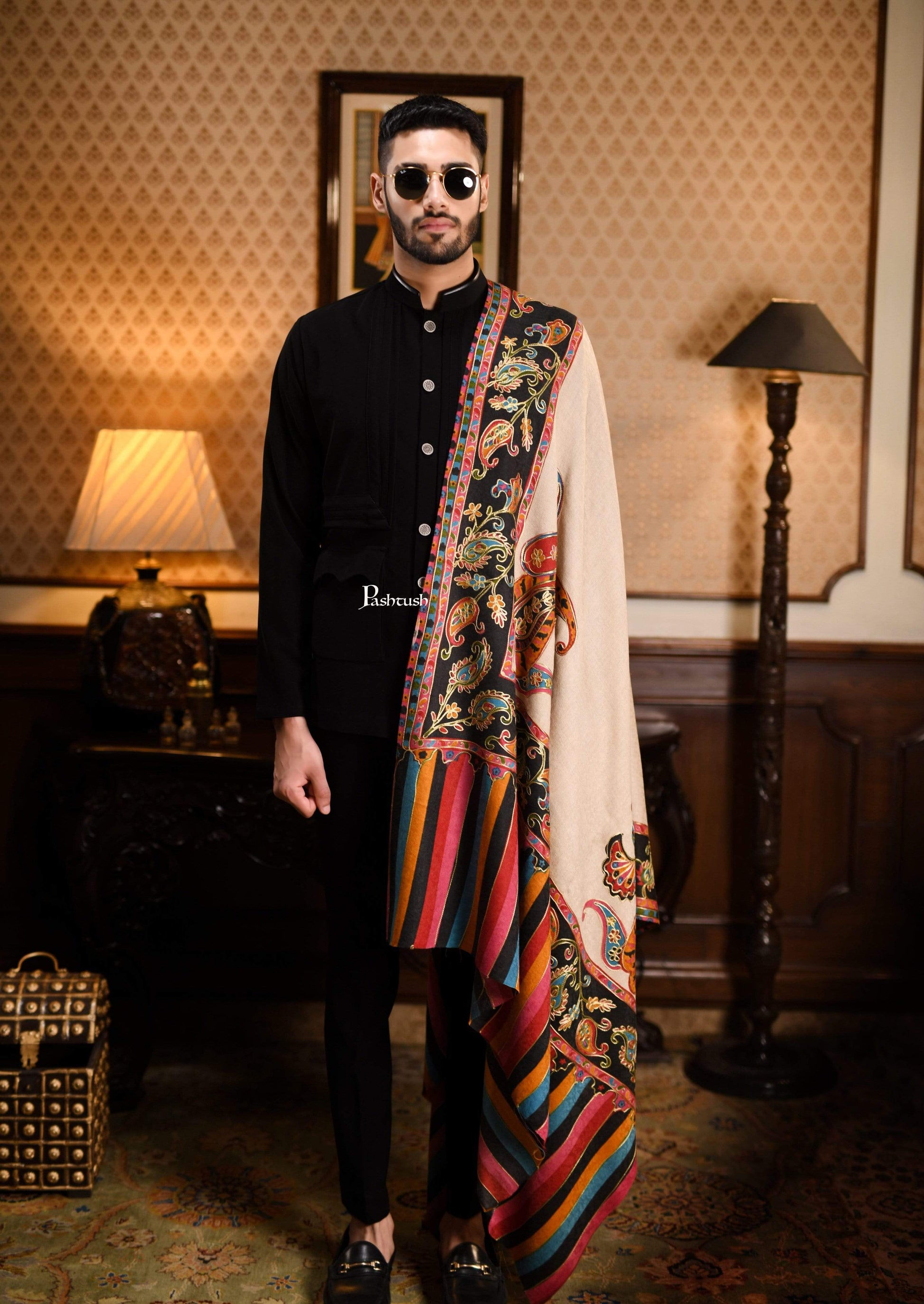 Pashtush India 114x228 Pashtush Mens Kalamkari Embroidery Shawl, Gents Fine Wool Shawls, Medium