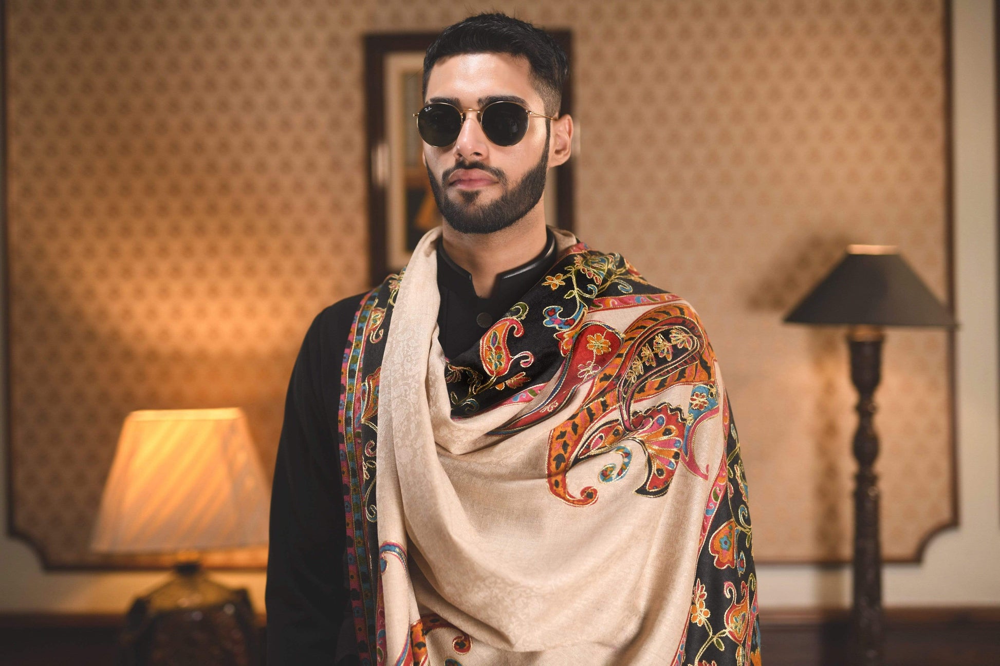 Pashtush India 114x228 Pashtush Mens Kalamkari Embroidery Shawl, Gents Fine Wool Shawls, Medium