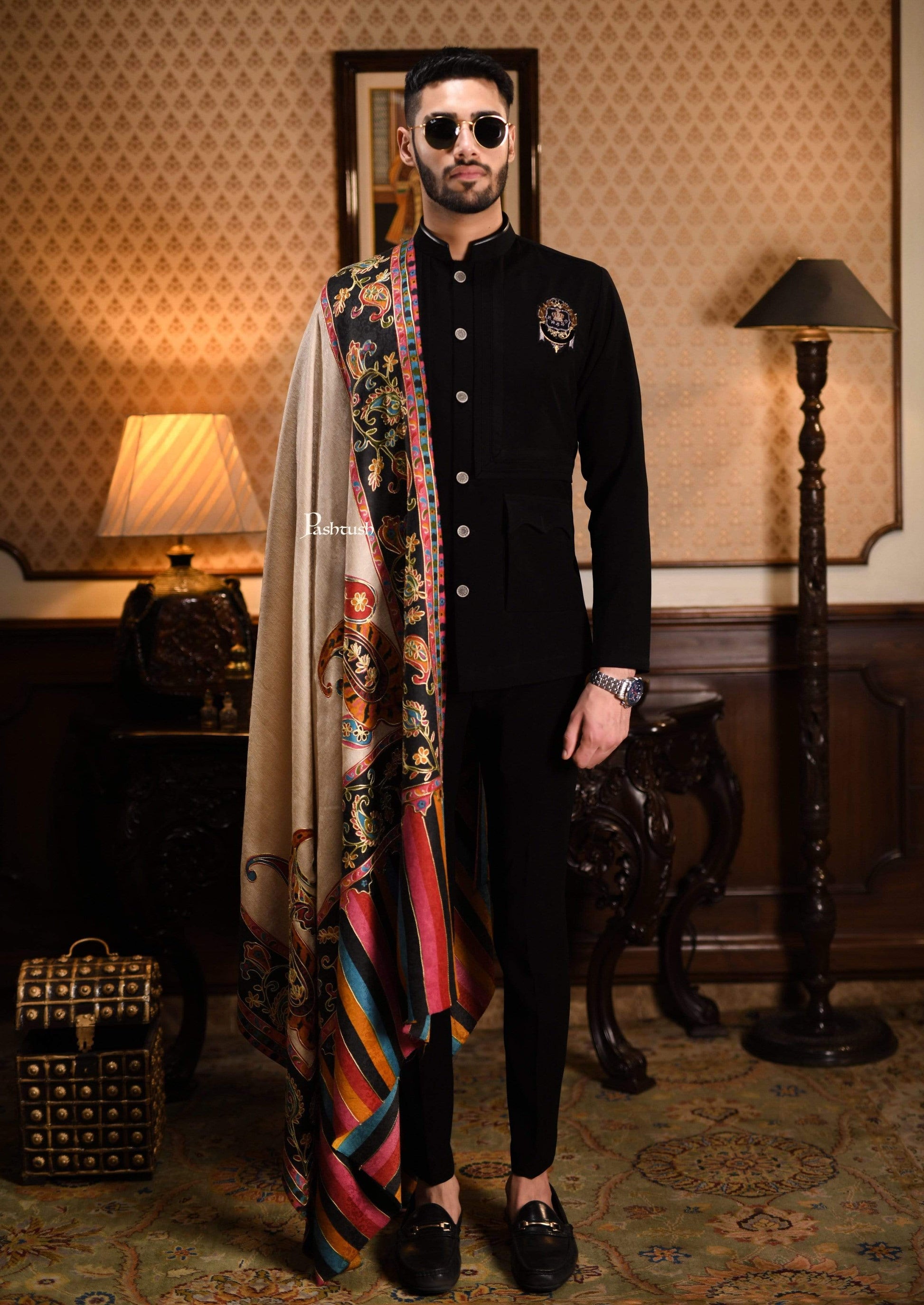 Pashtush India 114x228 Pashtush Mens Kalamkari Embroidery Shawl, Gents Fine Wool Shawls, Medium
