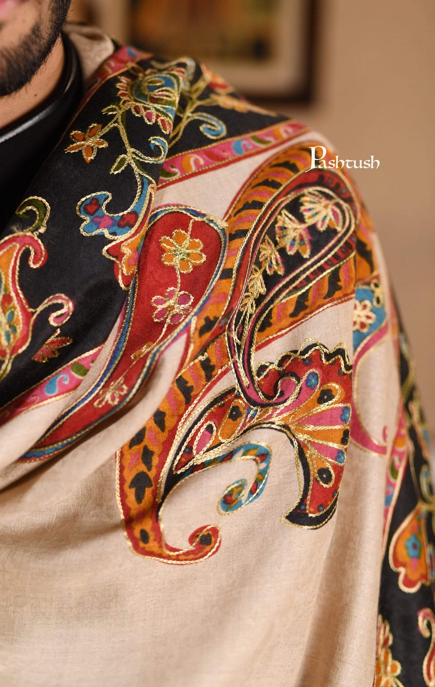 Pashtush India 114x228 Pashtush Mens Kalamkari Embroidery Shawl, Gents Fine Wool Shawls, Medium
