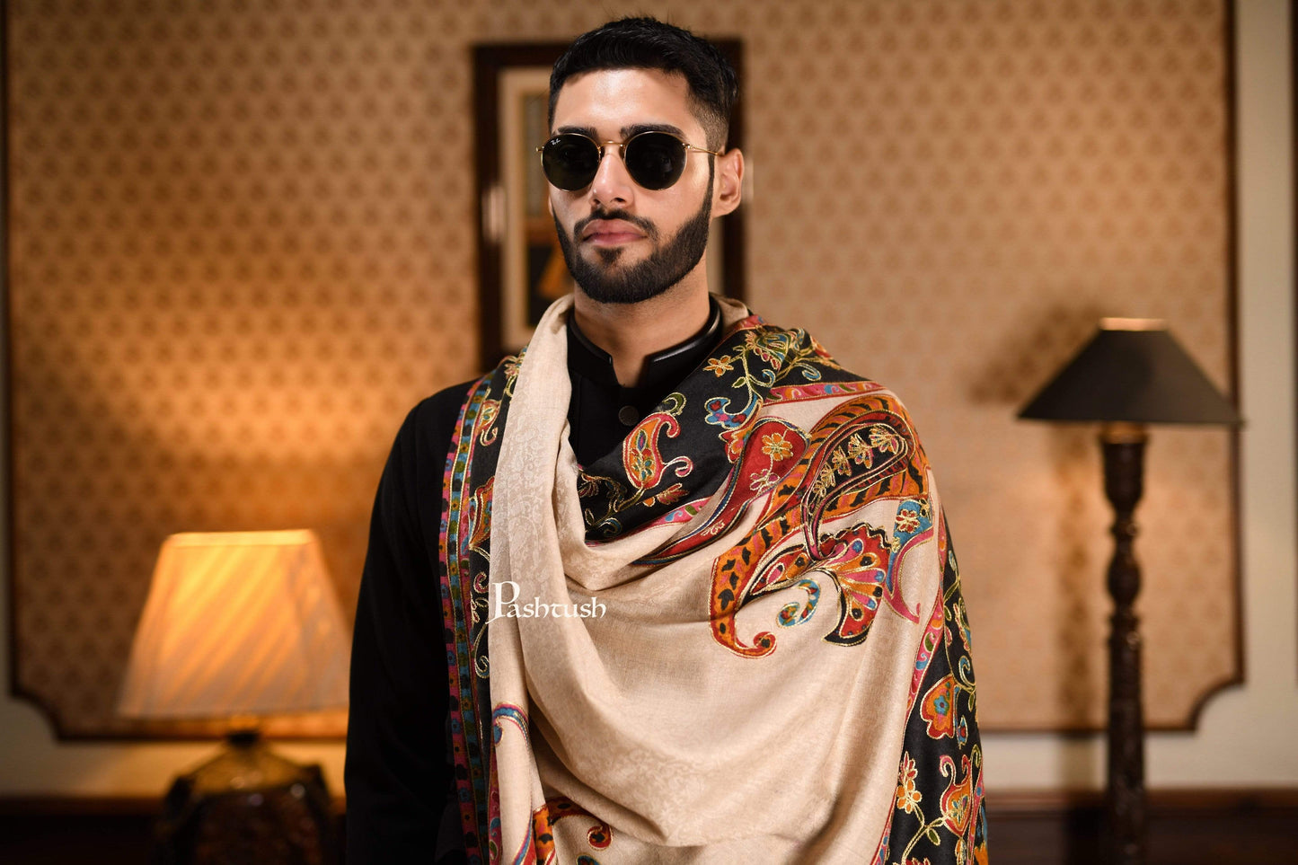 Pashtush India 114x228 Pashtush Mens Kalamkari Embroidery Shawl, Gents Fine Wool Shawls, Medium
