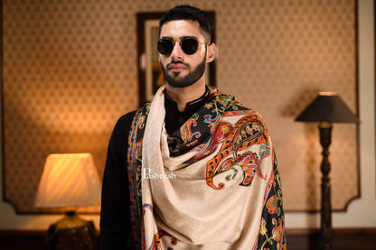 Pashtush India 114x228 Pashtush Mens Kalamkari Embroidery Shawl, Gents Fine Wool Shawls, Medium