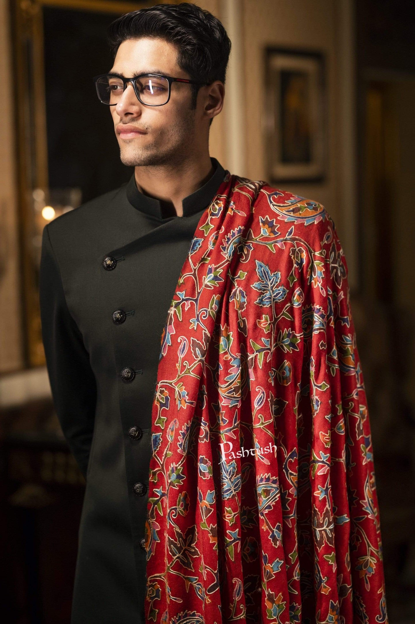 Pashtush India 114x228 Pashtush Mens Kalamkari Embroidery Shawl, Gents Pashmina Shawls, Medium