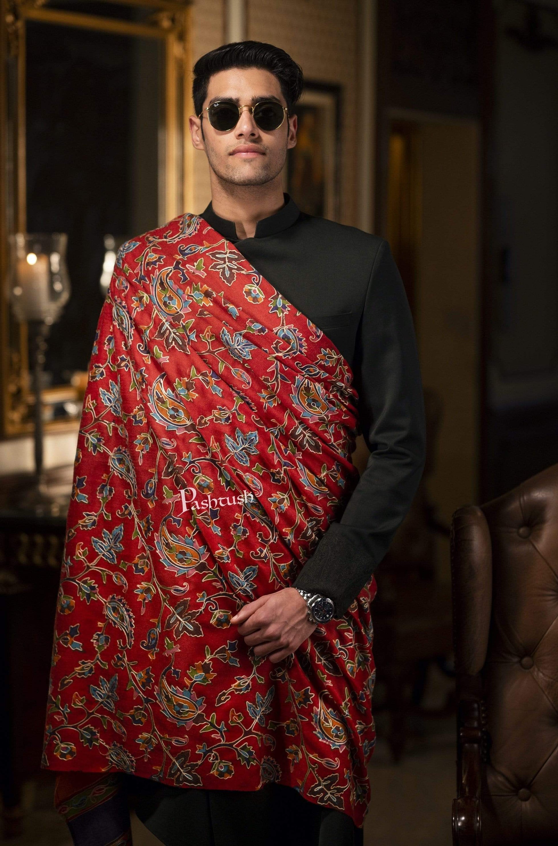 Pashtush India 114x228 Pashtush Mens Kalamkari Embroidery Shawl, Gents Pashmina Shawls, Medium