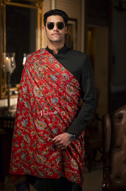 Pashtush India 114x228 Pashtush Mens Kalamkari Embroidery Shawl, Gents Pashmina Shawls, Medium