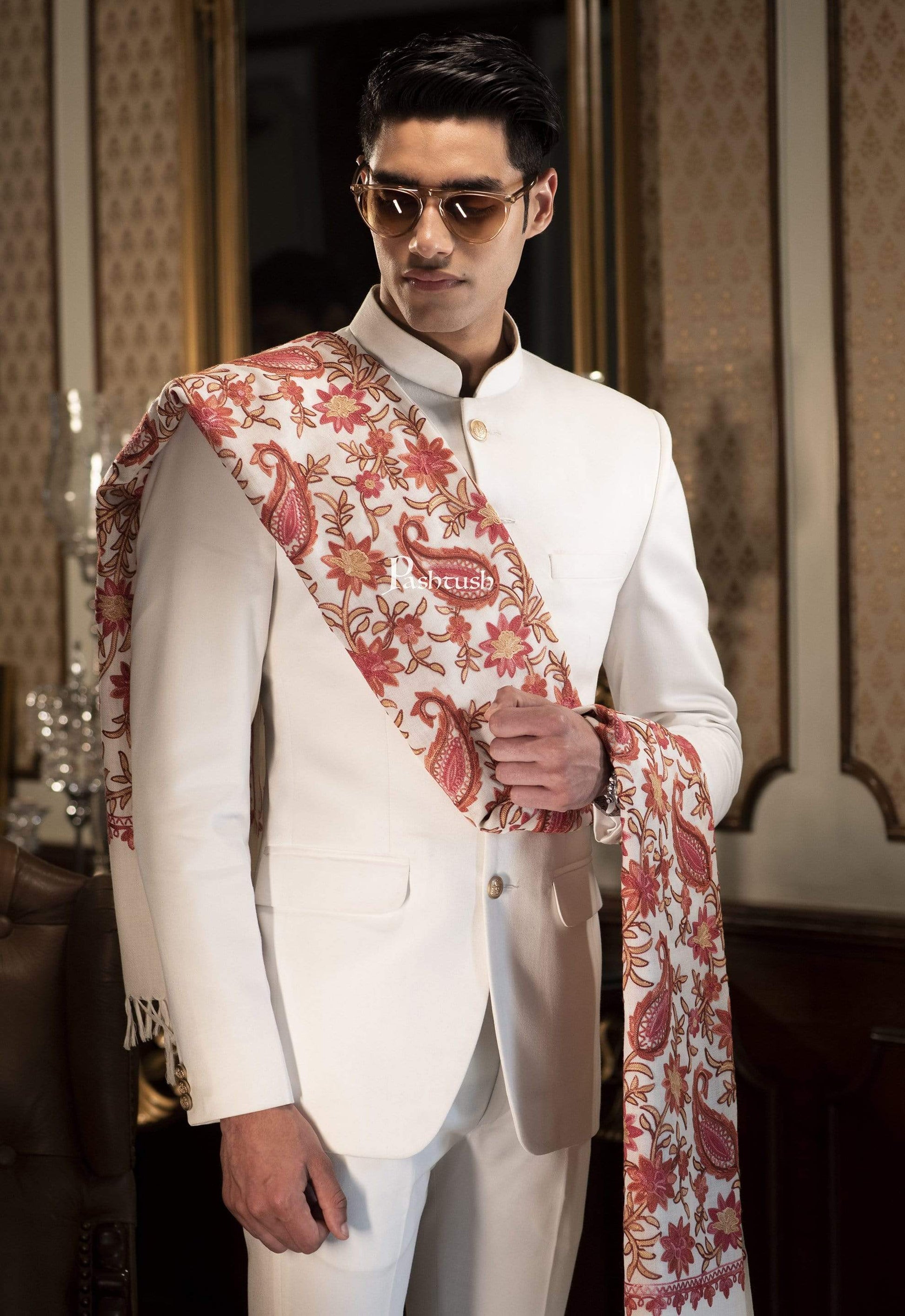 Pashtush India 70x200 Pashtush Mens Kashmiri Aari Embroidery Stole, Fine Wool, White