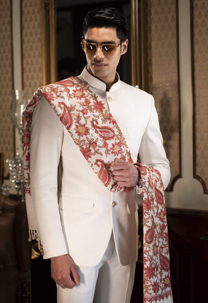 Pashtush India 70x200 Pashtush Mens Kashmiri Aari Embroidery Stole, Fine Wool, White